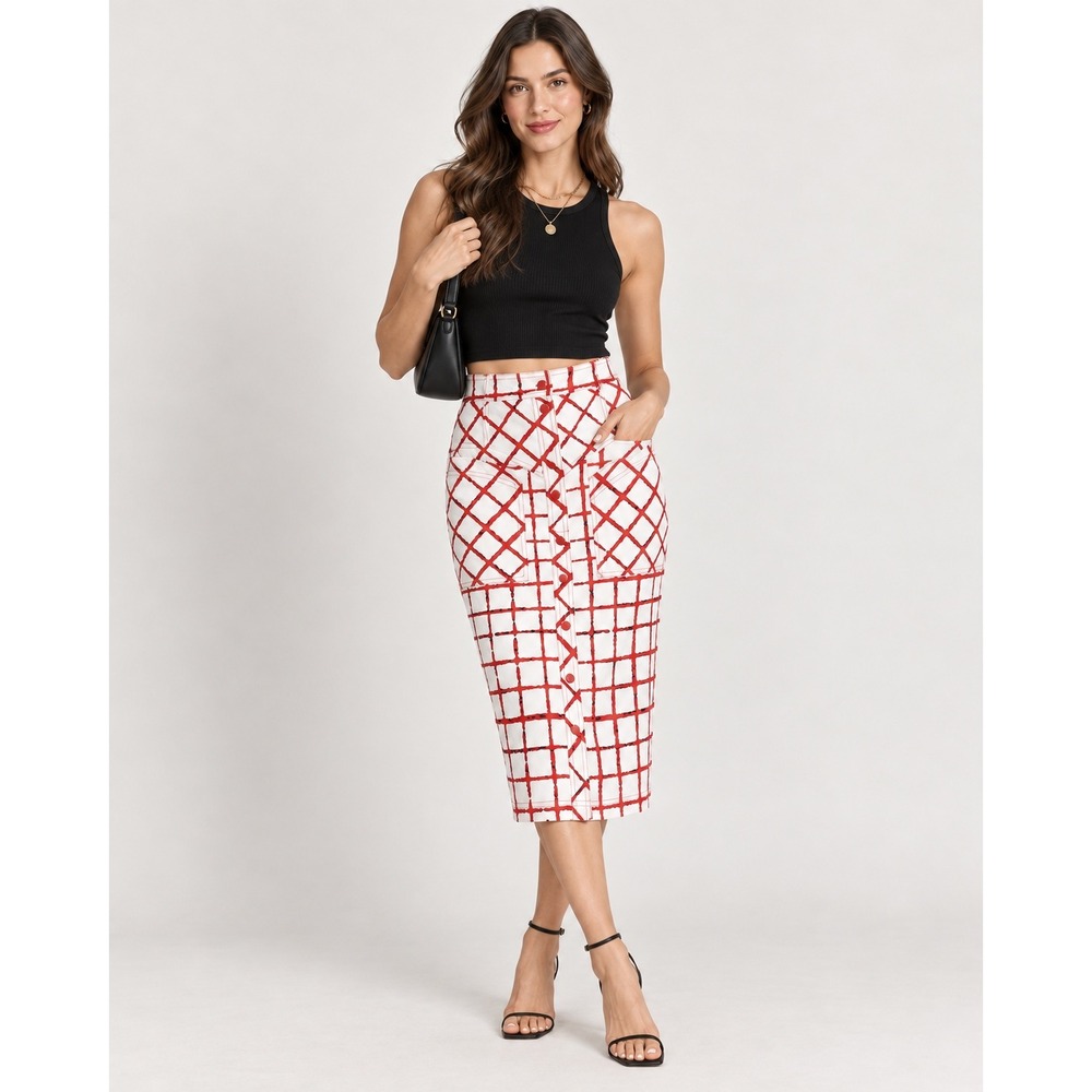 Aryessa Pencil Skirt Women 2 Red White NEW Grid Snap Front Anthropologie Pocket